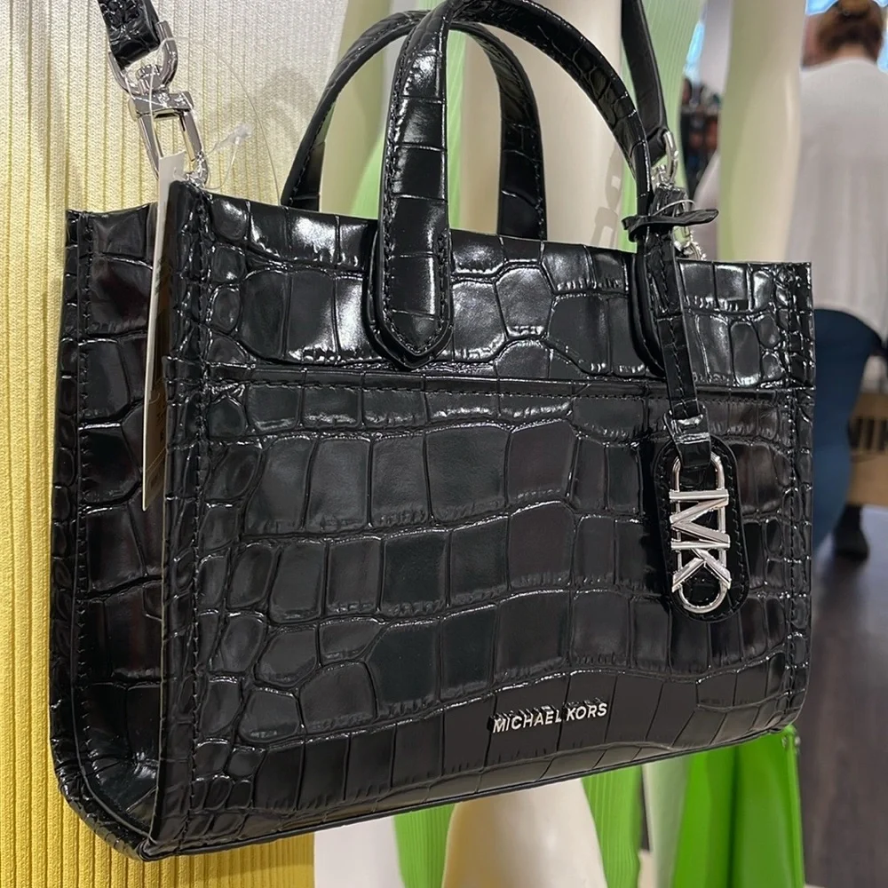 Michael Kors Gigi Small Crocodile Embossed Leather Messenger Bag Black NWT